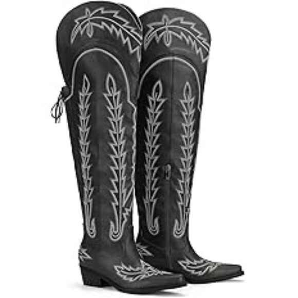 Thigh High Cowboy Boots with Lace Up Wide Calf Over The Knee Cowgirl Boot - Picture 3 of 7